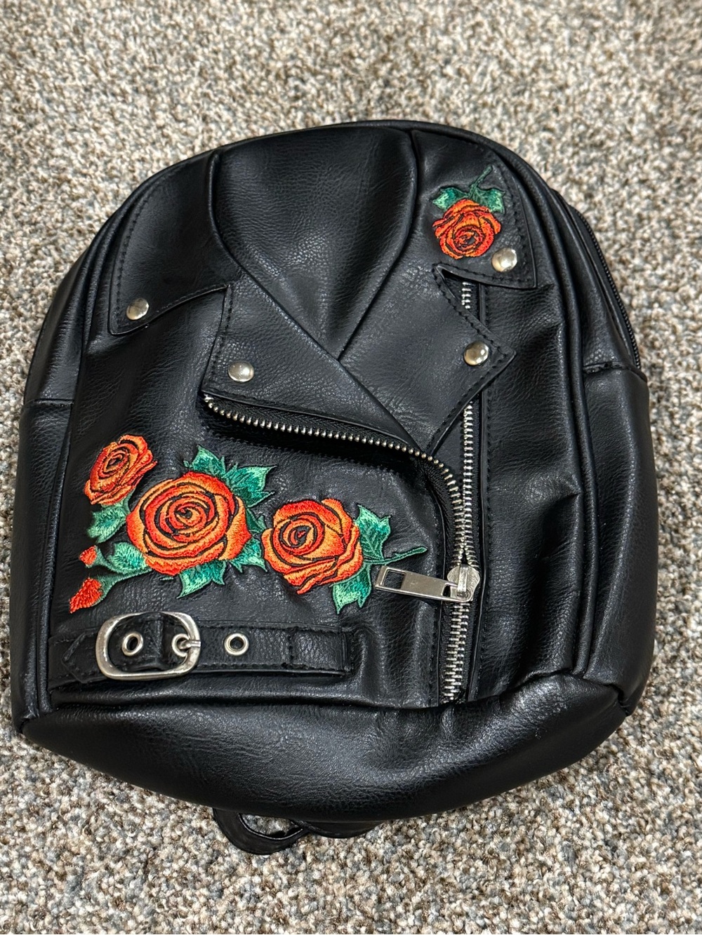 Black Faux Leather Mini Backpack with Orange Rose Embroidery Adjustable Straps